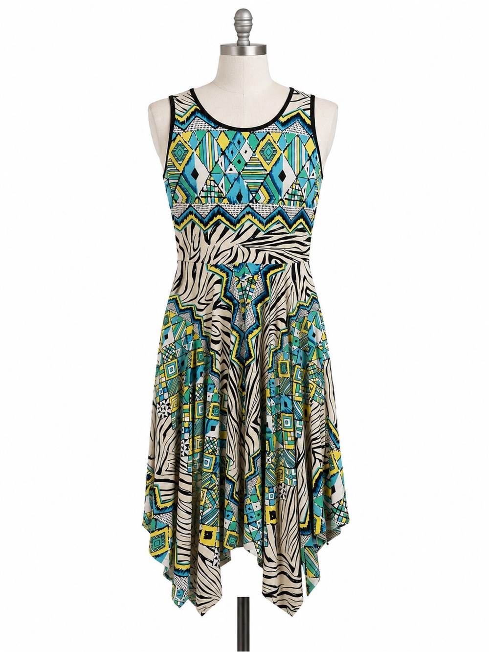 Beige by eci Teal, Black & Yellow Asymmetrical Handkerchief Dress